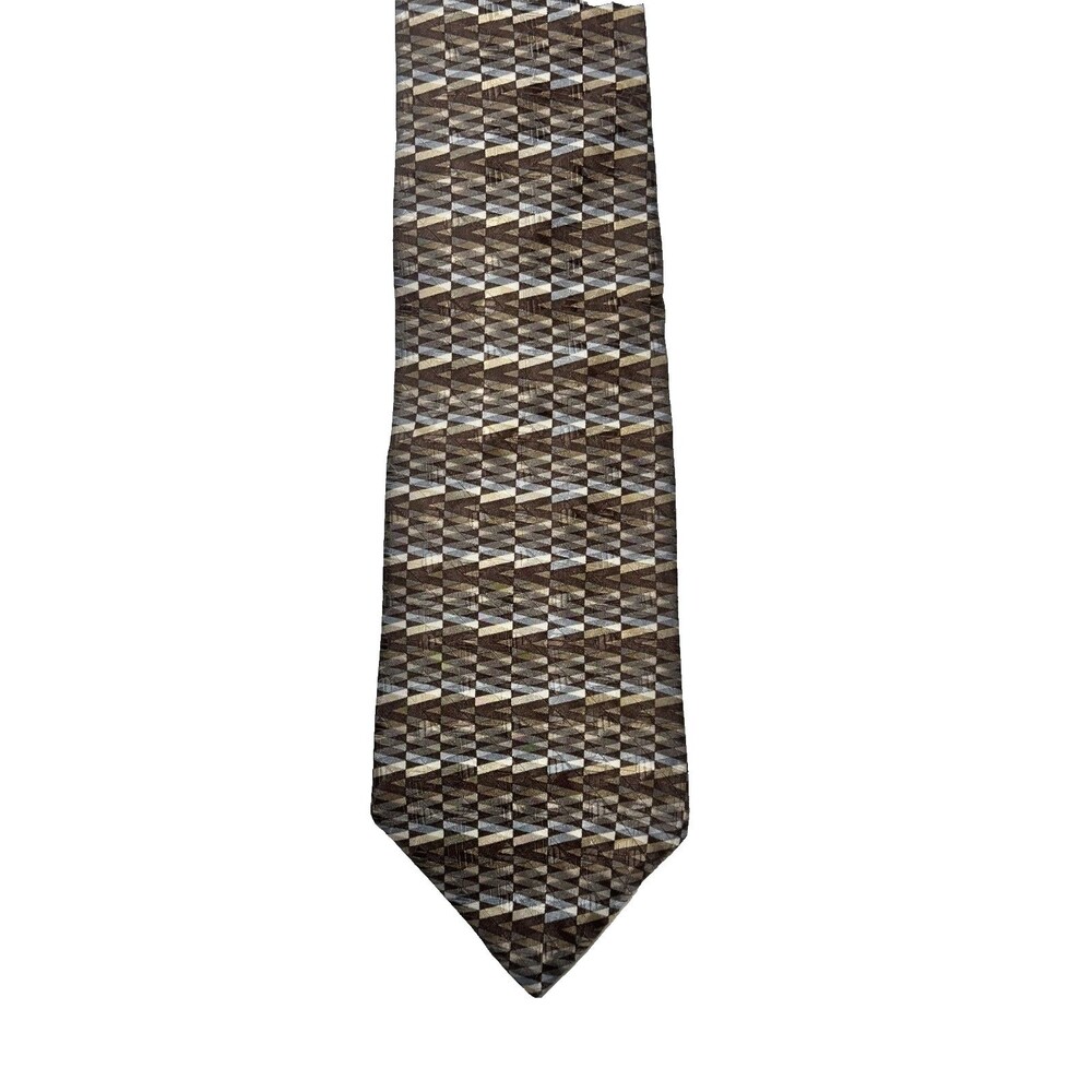 Milano Uomo Mens Silk Tie Brown Gray Geometric Stripe 100% Silk